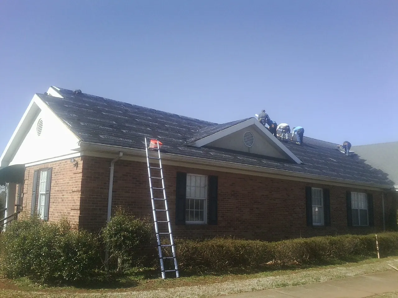 Crew tearing shingles off a brick ranch roof with a ladder set — Emergency Roof Repair work by our crew in Pleasant Plains