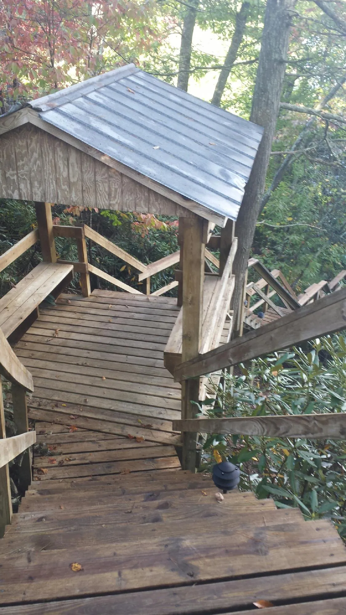 Metal roofed shelter over wooden steps on a wooded walkway — Skylight Repair & Installation work by our crew in Pleasant Plains